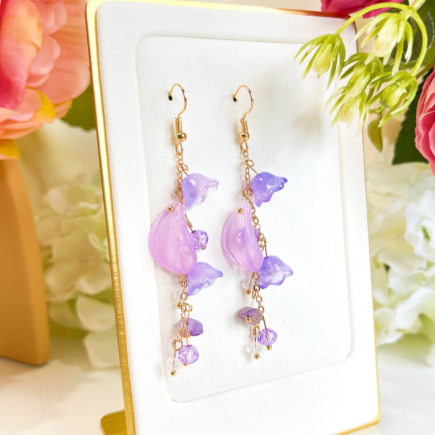 E196 purple flower long dangle drop beads earrings