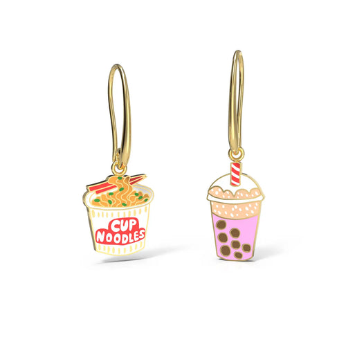 Cup Noodle & Boba Earrings - 18k Gold Gilt Enamel Jewelry - Front & Company: Gift Store