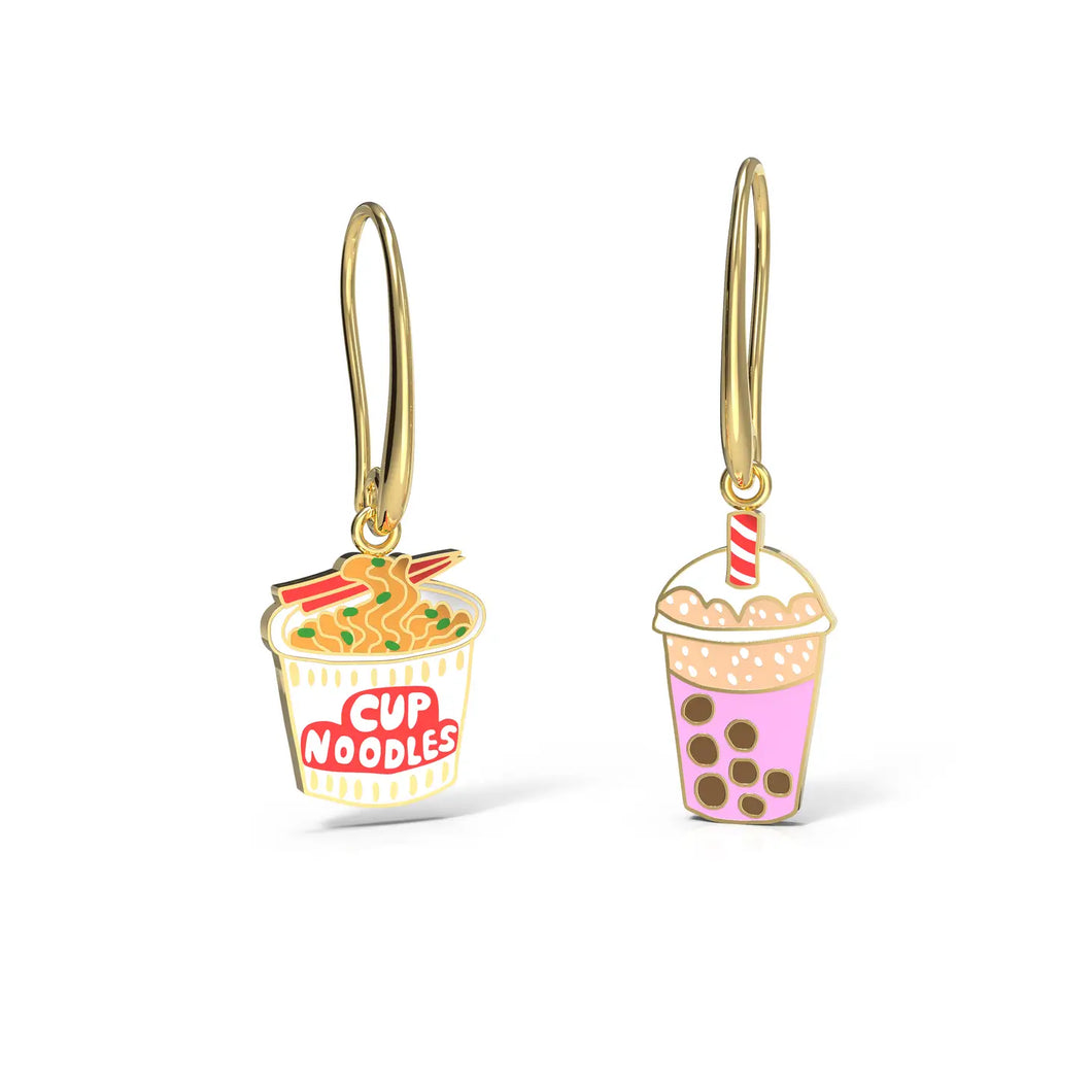 Cup Noodle & Boba Earrings - 18k Gold Gilt Enamel Jewelry