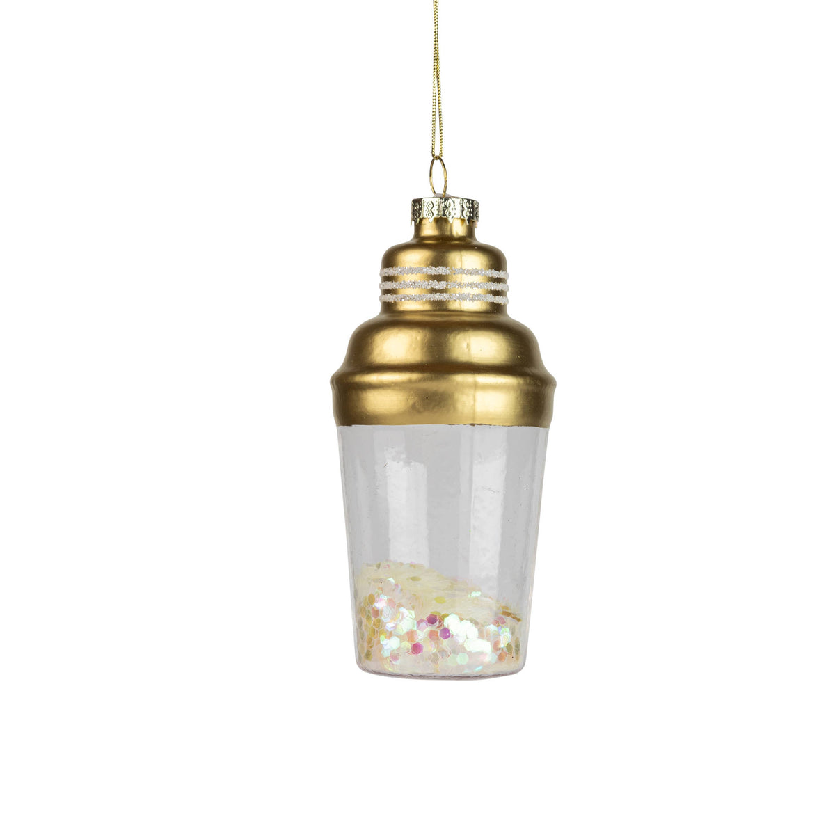 A14303:Glass cocktail shaker ornament, 4.75 in