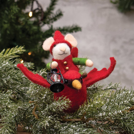 Felt Mouse Ornament:  Mouse on Flying Cardinal Felted Ornament