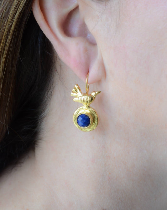 Gold plated bird earring with sapphire