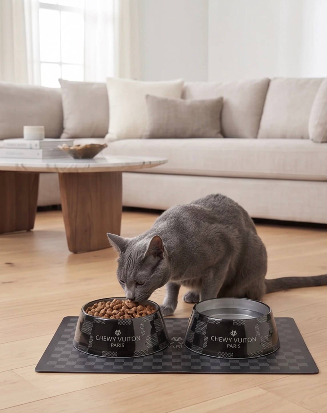 Black Checker Chewy Vuiton Placemat for Cat or Dog Bowl
