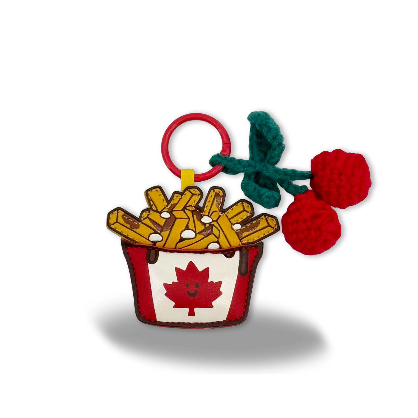 Leather Poutine Bag Charm with Crochet Cherries Canada Foodie Souvenir Gift Keychain