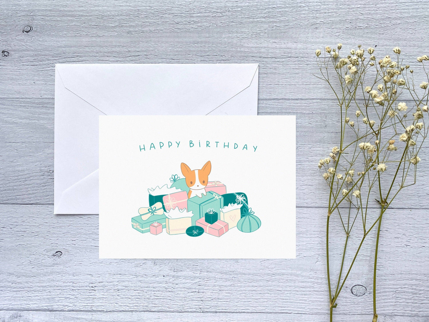 Corgi Birthday Present Pile Greeting Card