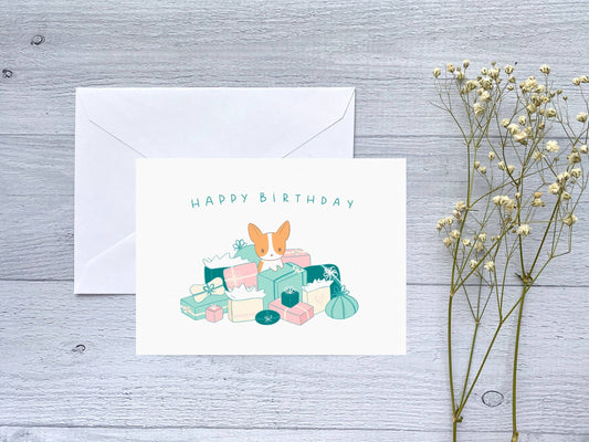 Corgi Birthday Present Pile Greeting Card