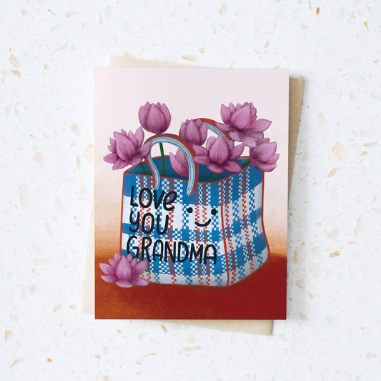Love You Grandma Card - Asian Red, White Blue Bag