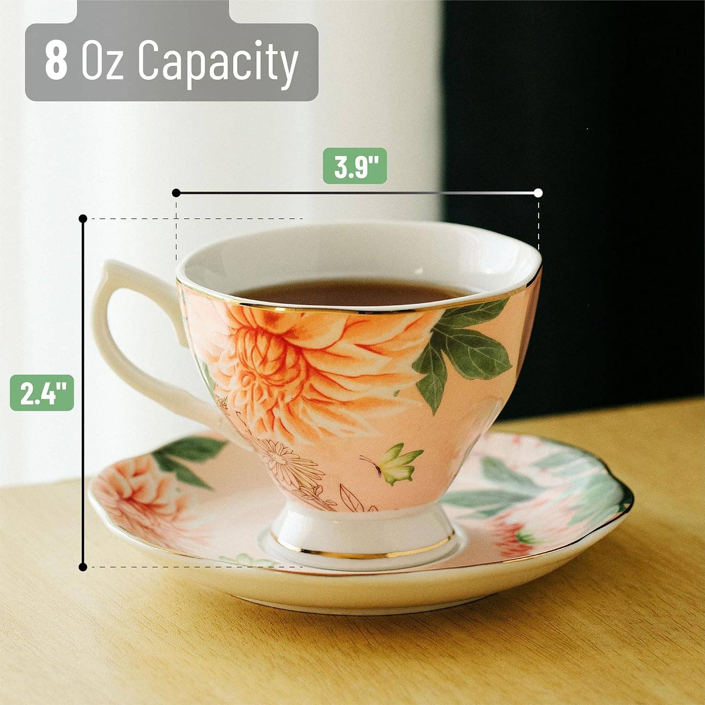 Floral Tea Cups & Saucers 8 oz