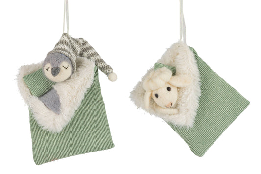 Felt sheep or penguin in sleeping bag ornament, sage green