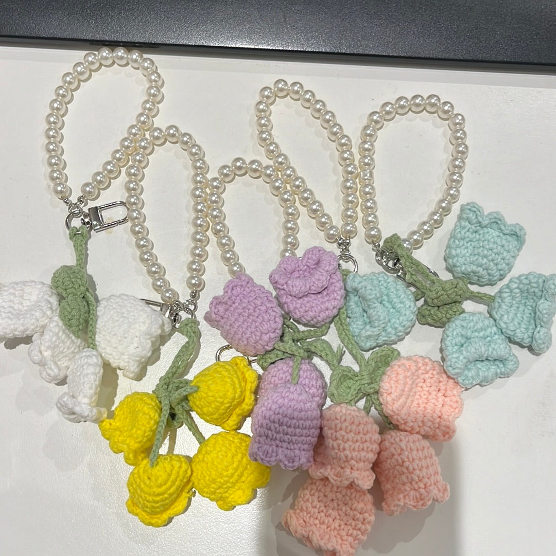 furry pompom/flwr/pom with bunny ears keychain OR beaded some with grape/flower crochet