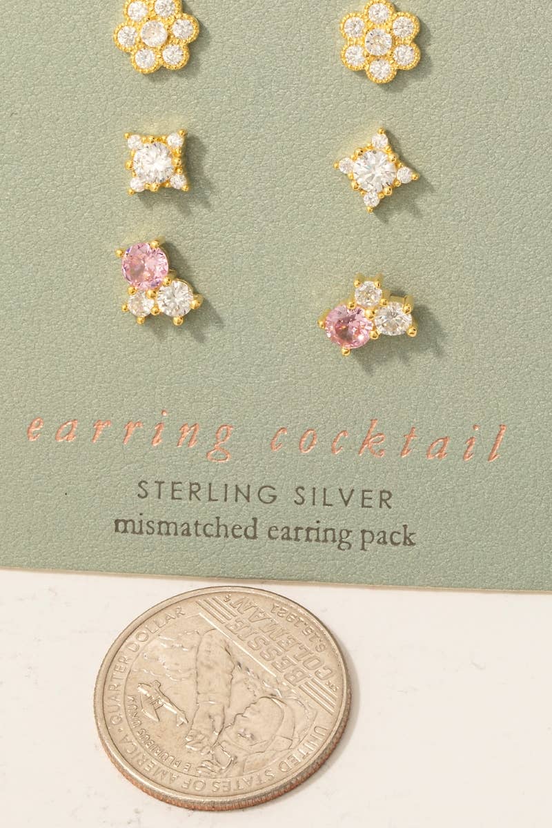 3 Pair Sterling Silver Cz Pave Stud Earrings Set