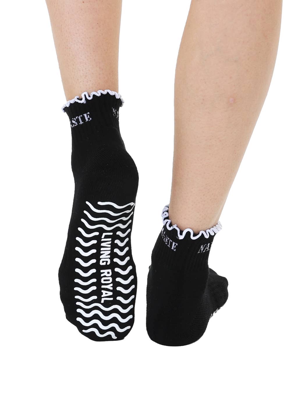 Bottom Grip Ankle Socks w/ Ruffles - "Namaste" - Black