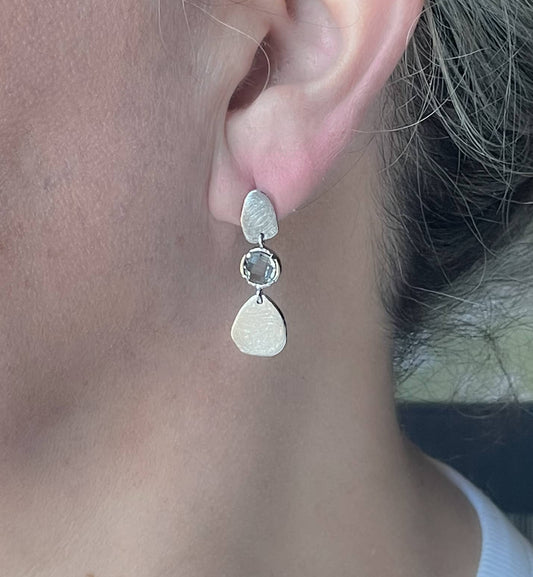 Silver Tone Modern Dangle Earring with Blue Topaz Crystal