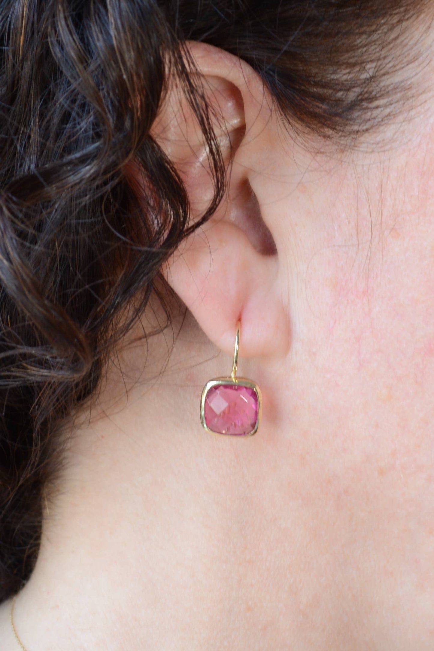 Gold cushion cut Pink Tourmaline Hydro earrings