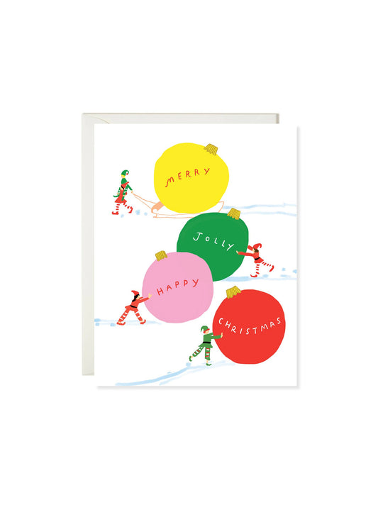 Elves Pushing Ornaments - Classic Holiday Card