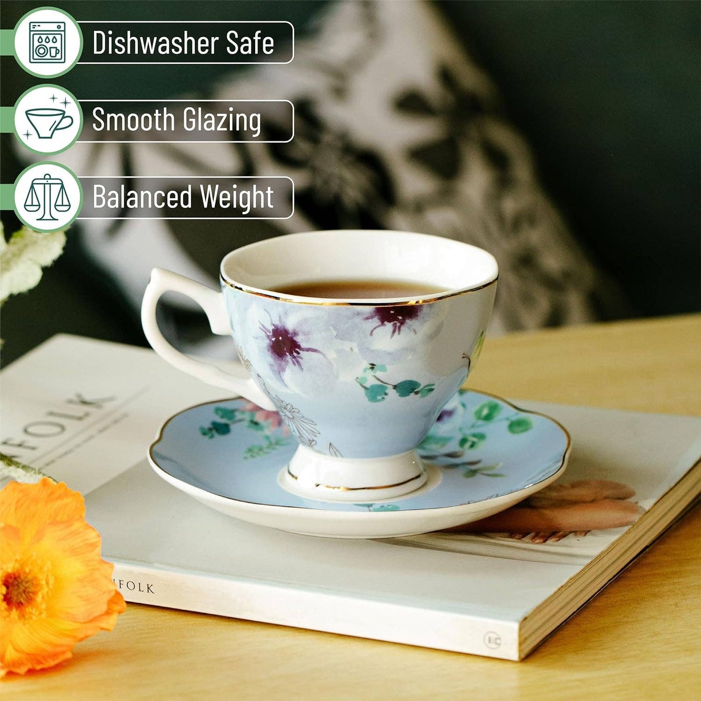 Floral Tea Cups & Saucers 8 oz