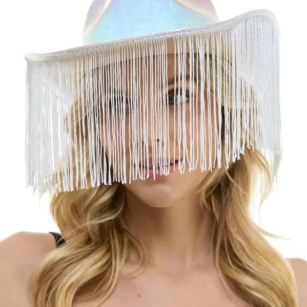 White Iridescent Fringe Cowboy Hat