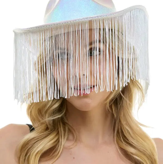 White Iridescent Fringe Cowboy Hat