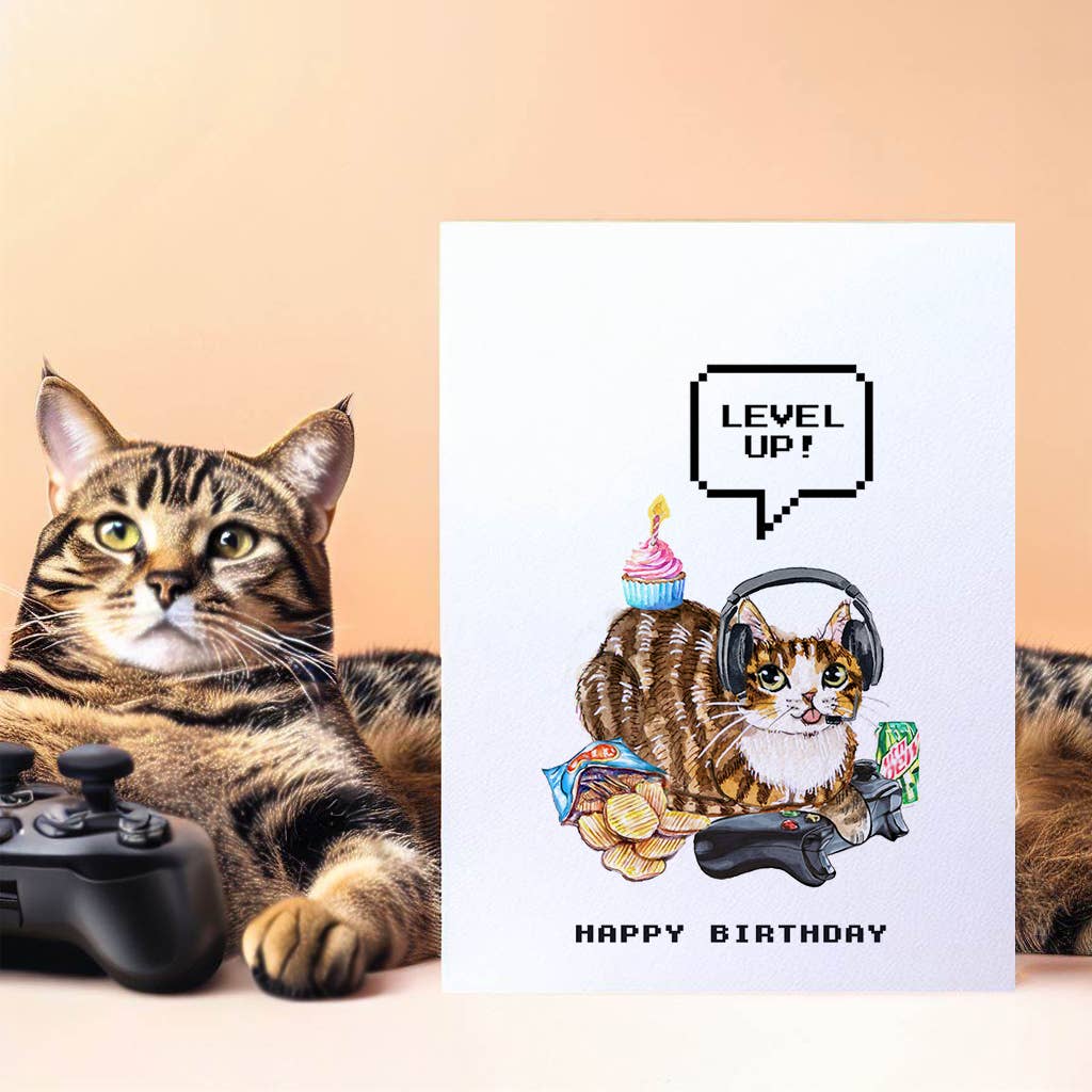 Video Gamer Cat - Funny Birthday Card