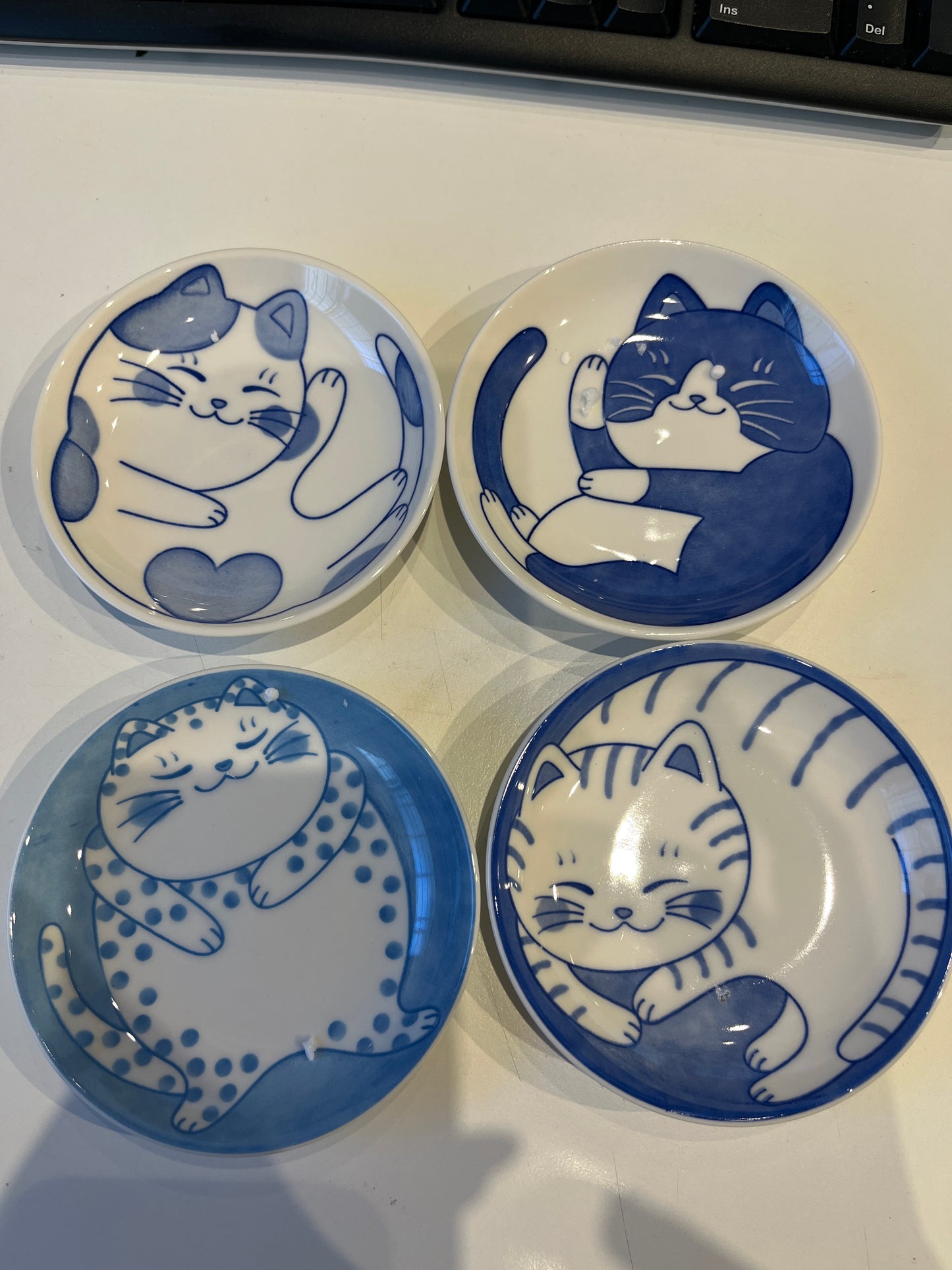 Ceramic Cat Dish Plate for Trinkets Round Blue Assorted Pattern