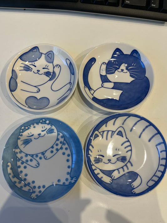 Ceramic Cat Dish Plate for Trinkets Round Blue Assorted Pattern