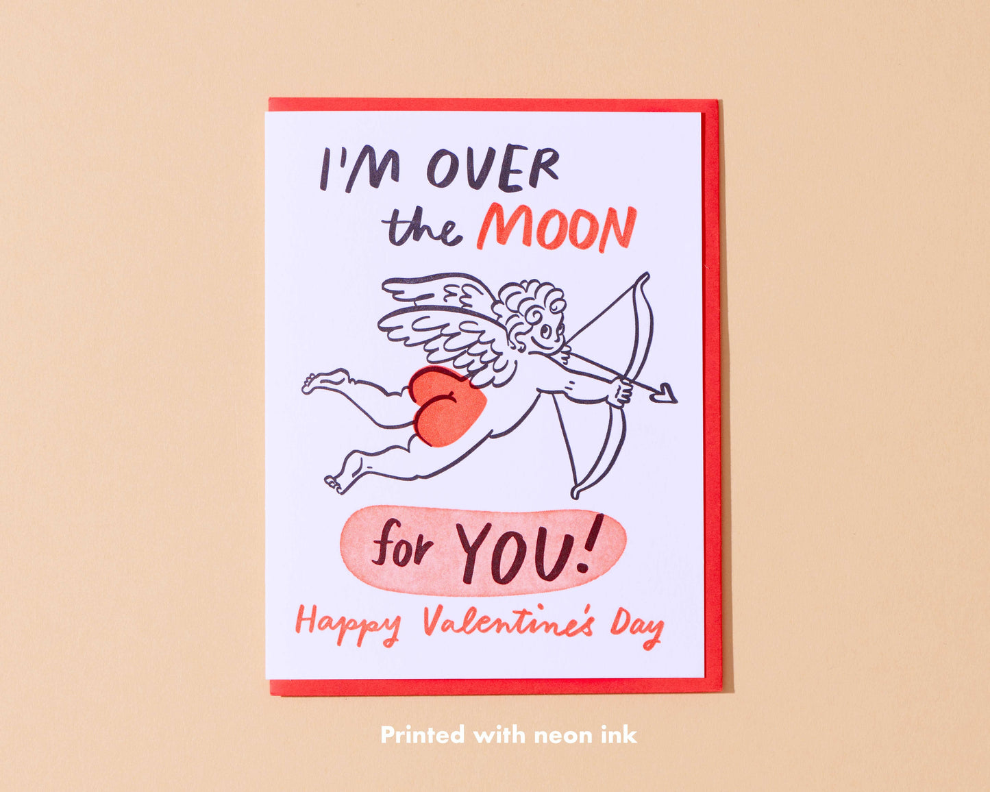 Over the Moon Cupid Valentine's Day Letterpress Greeting Card- Made in USA