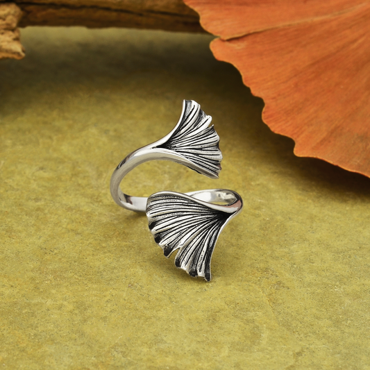Sterling Silver or Bronze Adjustable Ginkgo Leaf Ring