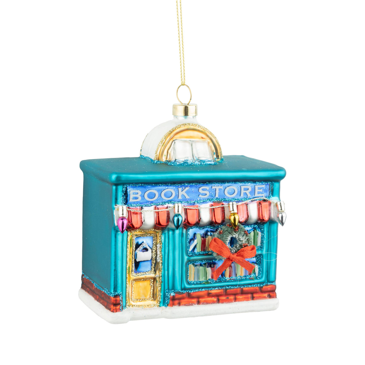 A17702:Glass bookstore orn, blue store front, 4.25 in