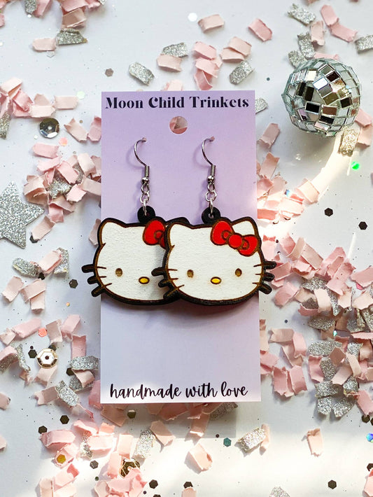 Hello Kitty Hand Painted Wood Dangle Earrings