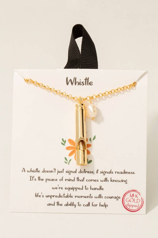 Gold Dipped Safety Whistle And Pearl Pendant Necklace