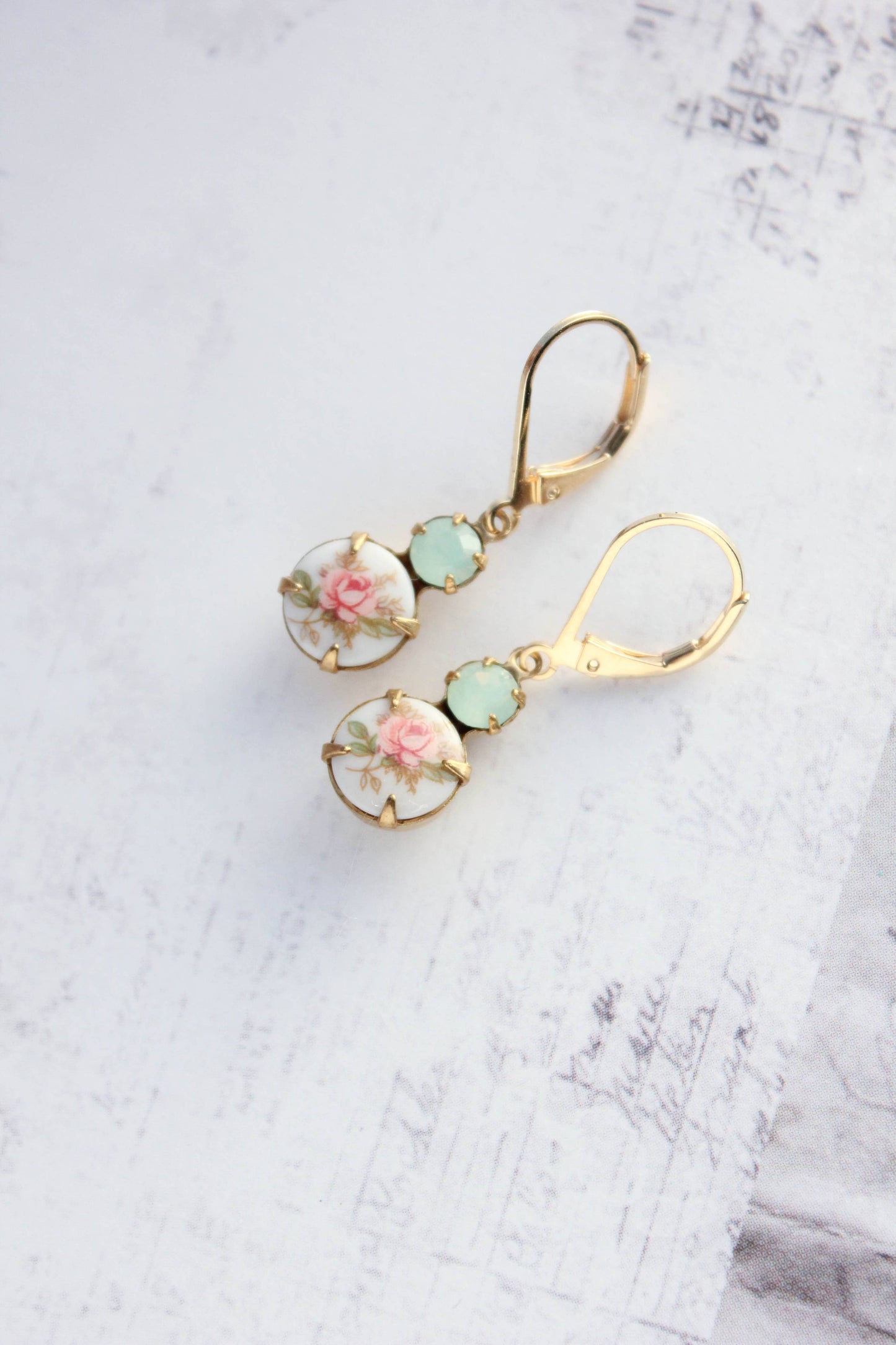 Small Drop Earrings - Vintage Glass - Pink Rose and Mint