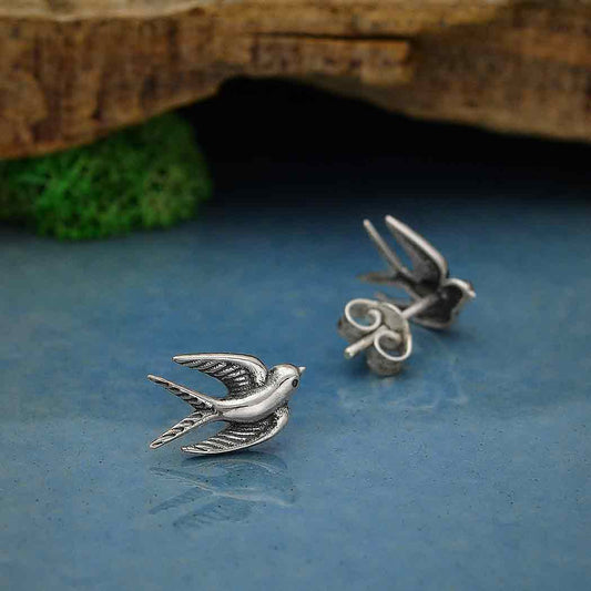 Sterling Silver or Bronze Swallow Post Earrings 9x11mm