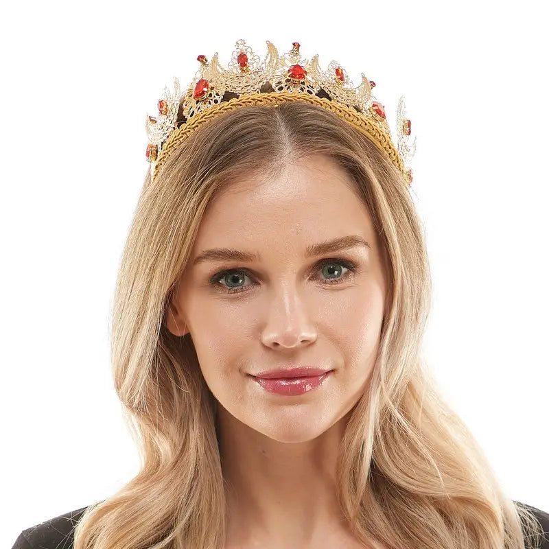 Gold Crown Headband with Red Gems