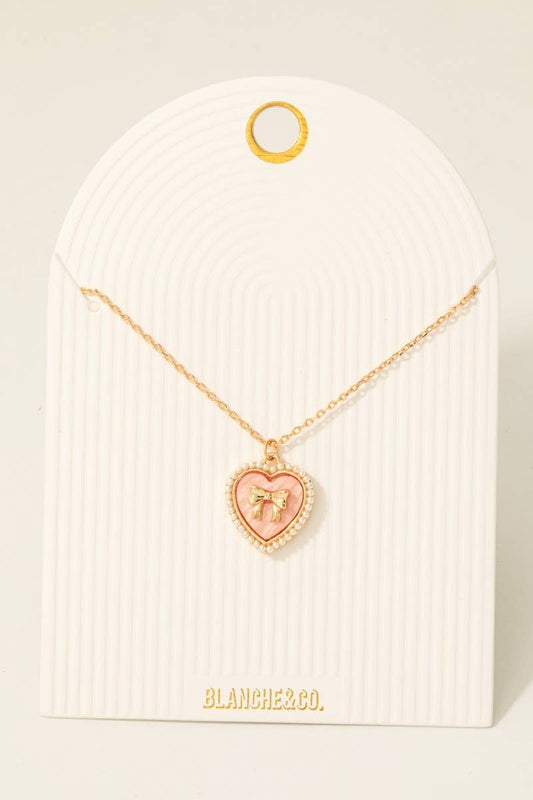 Pearl Set Heart Ribbon Bow Pendant Necklace