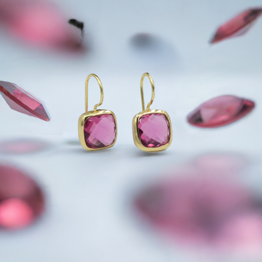 Gold cushion cut Pink Tourmaline Hydro earrings
