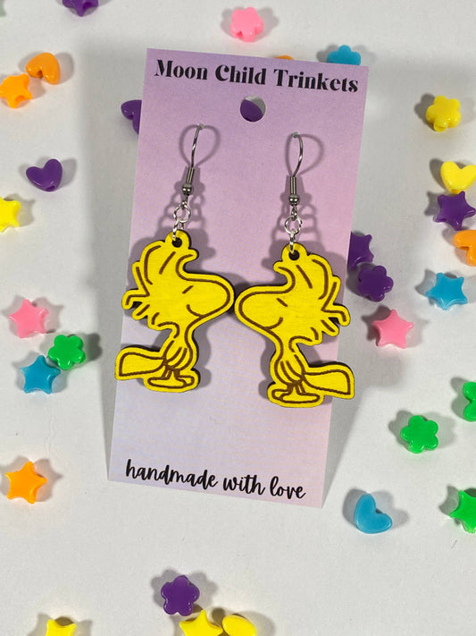Cartoon Comic Yellow Bird Hand Painted Wood Dangle Earrings