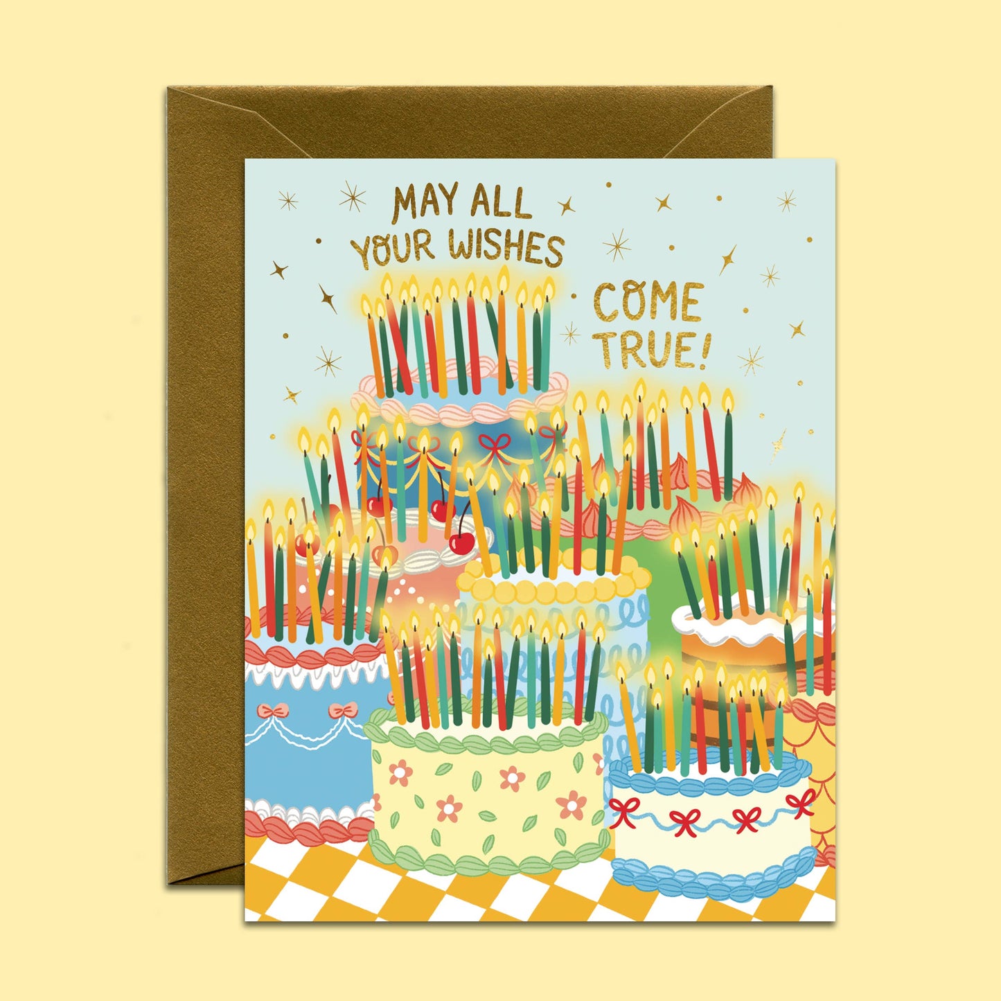 Many Wishes Retro Vintage Birthday Cakes Card *Foil Stamped*