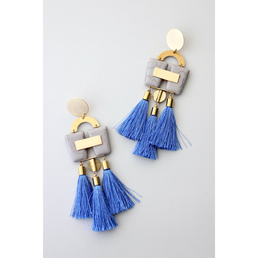 GNDE122E gray and blue tassel post earrings