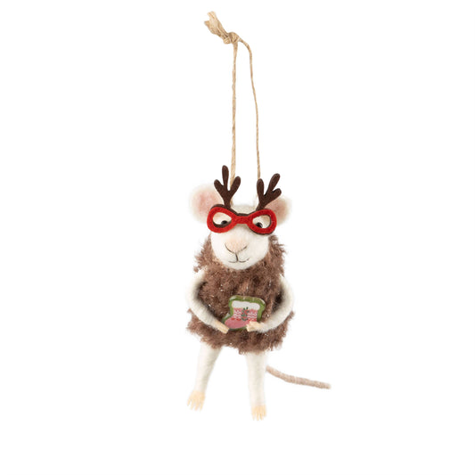 Felt Mouse Ornament:   Felt mouse orn,rd antler,glses,brn vest,stock,5.5in