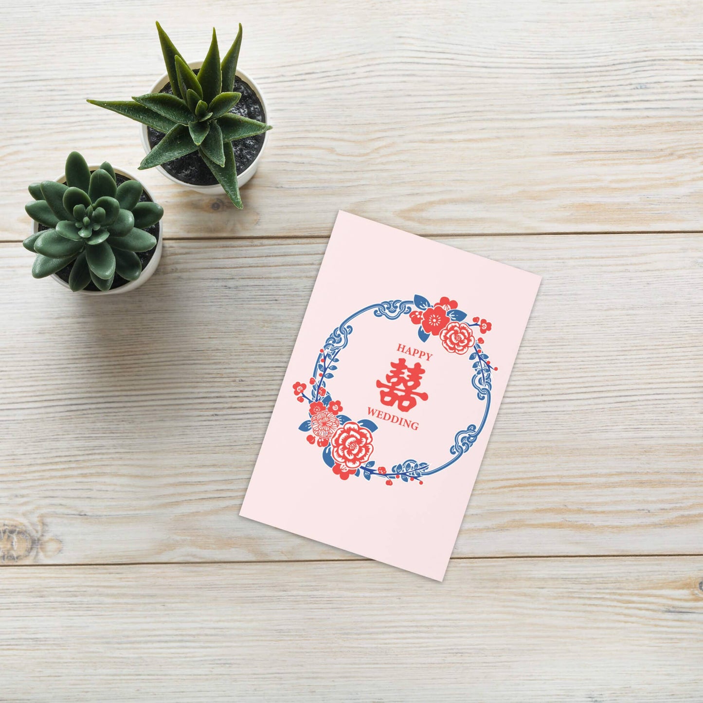 Pink Double Happiness Asian Wedding Cards | Wreath Greeting Newlyweds