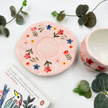 Load image into Gallery viewer, Pink flower ceramic mug and saucer, Folk hand painted mug
