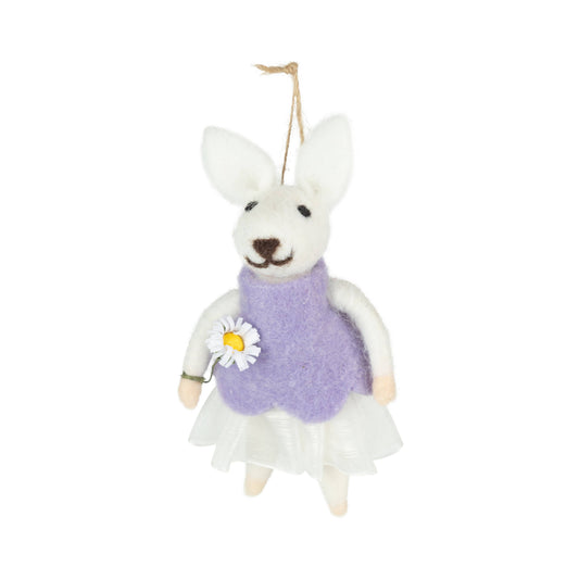 A13694: White felt mouse orn, holding flower, 4.5 in