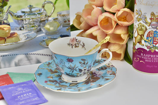 Vintage Wild Flowers, Roses on Teal Blue Teacup and Saucer