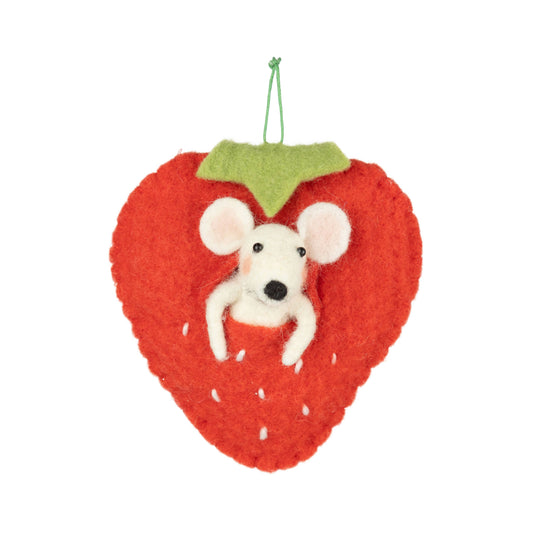 A12864: White felt mouse in red strawberry ornament, 5 in