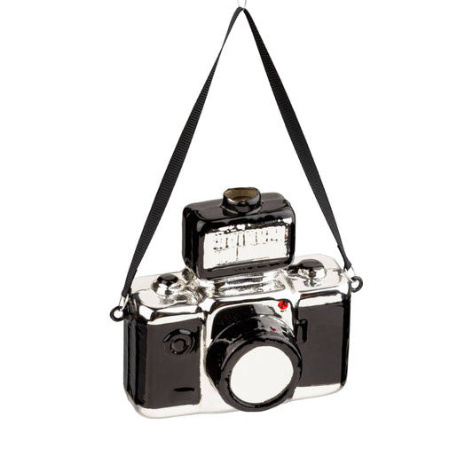 A14455:Glass vintage camera orn,black/silver, 3.5 in