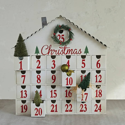 MDF & Metal House Advent Calendar w/ 25 Drawers "Christmas", White & Red