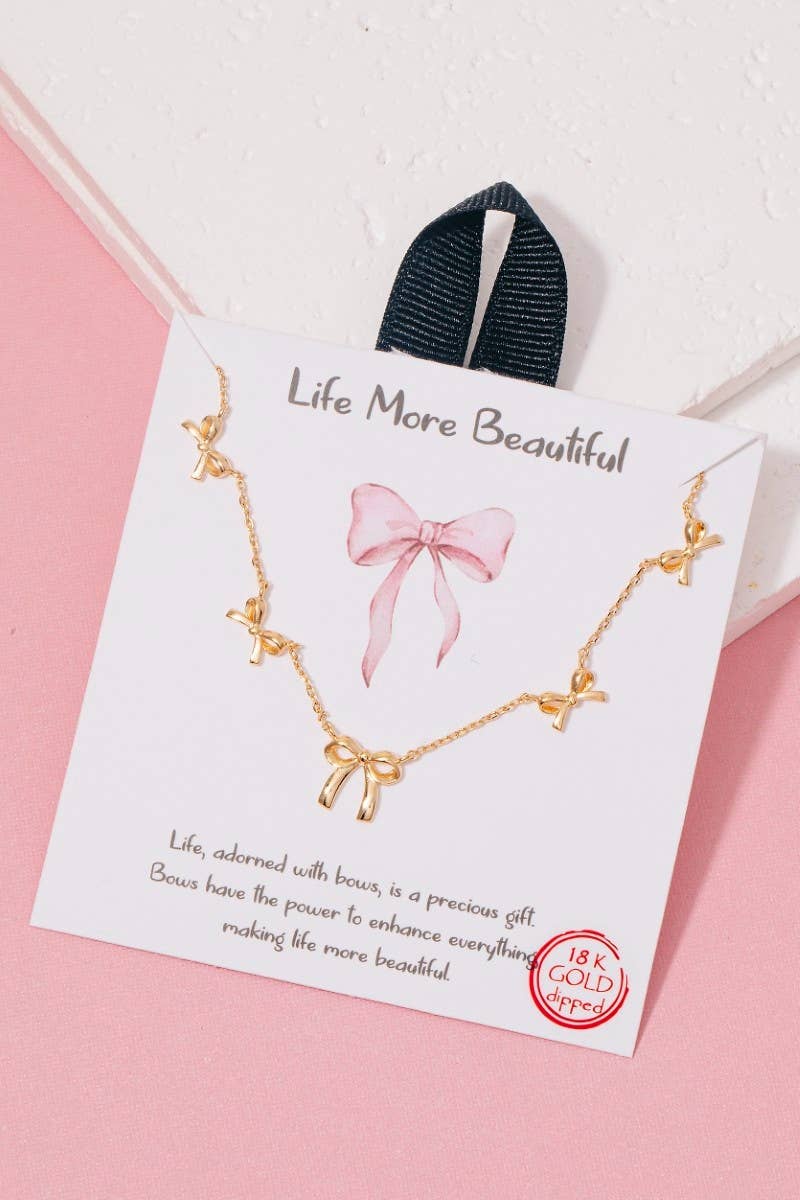 Gold Dipped Mini Ribbon Bow Station Charms Chain Necklace