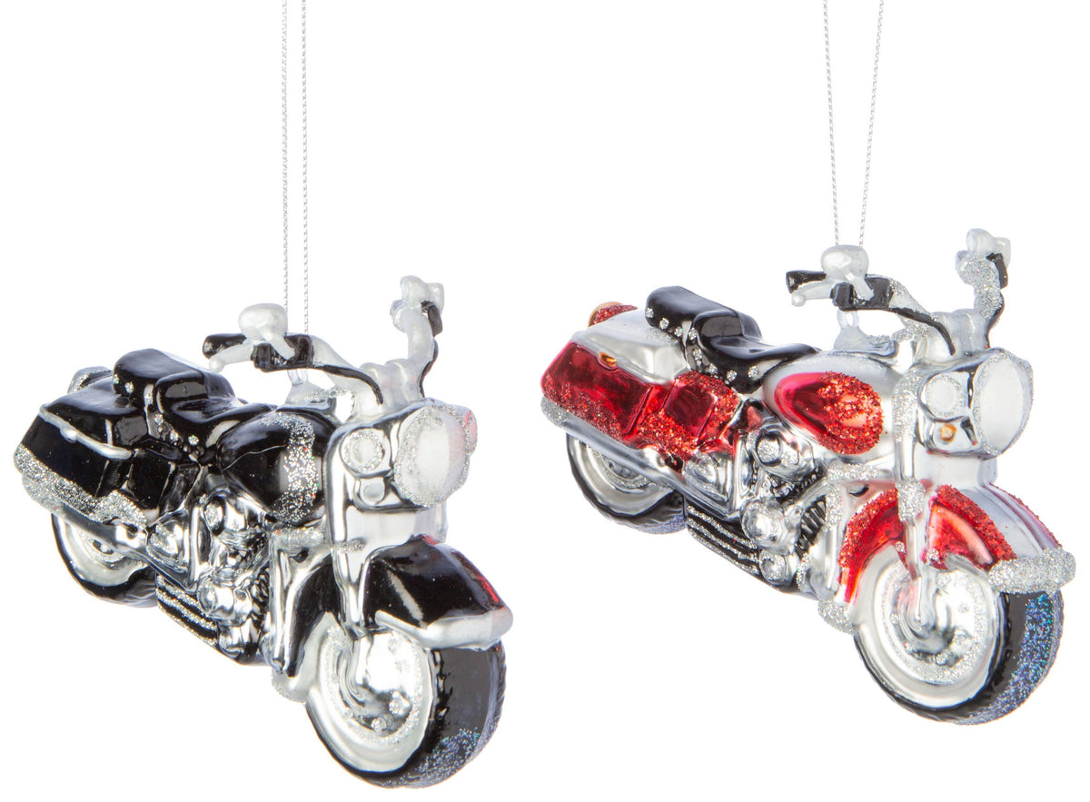 A45175:2 Asst'd blown glass vintage motorcycle,shiny red,