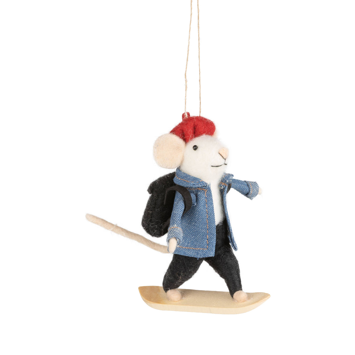 A13768:Felt snowboarder mouse,blue coat,red beret, 4.75in