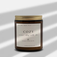 Load image into Gallery viewer, Cozy Soy Candle in Amber Jar with Gold Lid | 9 oz | 4 oz
